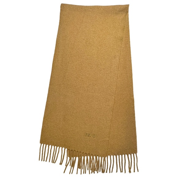 FENDI | Wool Camel Brown Tan Tassel Fringe Scarf Wrap Pashmina - Picture 5 of 11